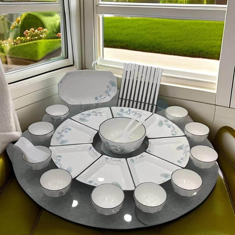 金刚钻美好时光扇形盘钻盆黑边碗陶瓷筷42件套团圆轻奢碗盘