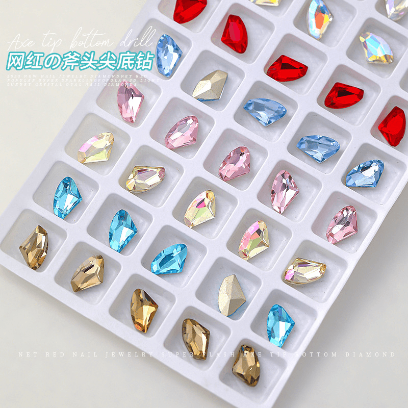 网红斧头尖底钻美甲钻超闪大小异形透色幻彩水晶宝石指甲饰品