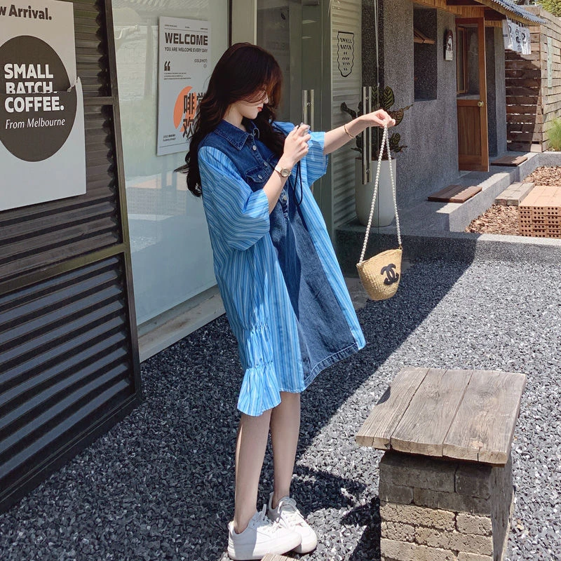 大码胖高级感拼接牛仔衬衫连衣裙夏韩版宽松休闲小众独特裙