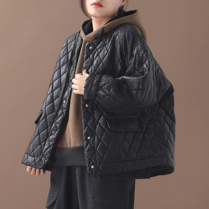 冬季外套女秋冬款新款韩版宽松大码文艺单排扣夹棉短款皮质棉衣女