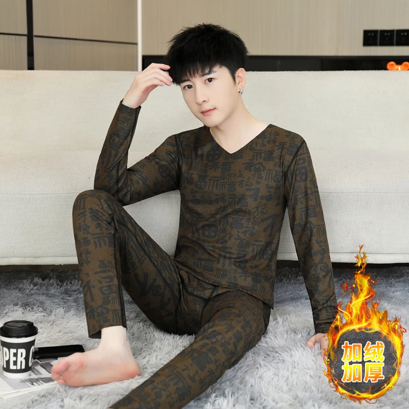 秋冬修身无痕双面德绒发热保暖内衣男士青年时尚高档秋衣秋裤套装