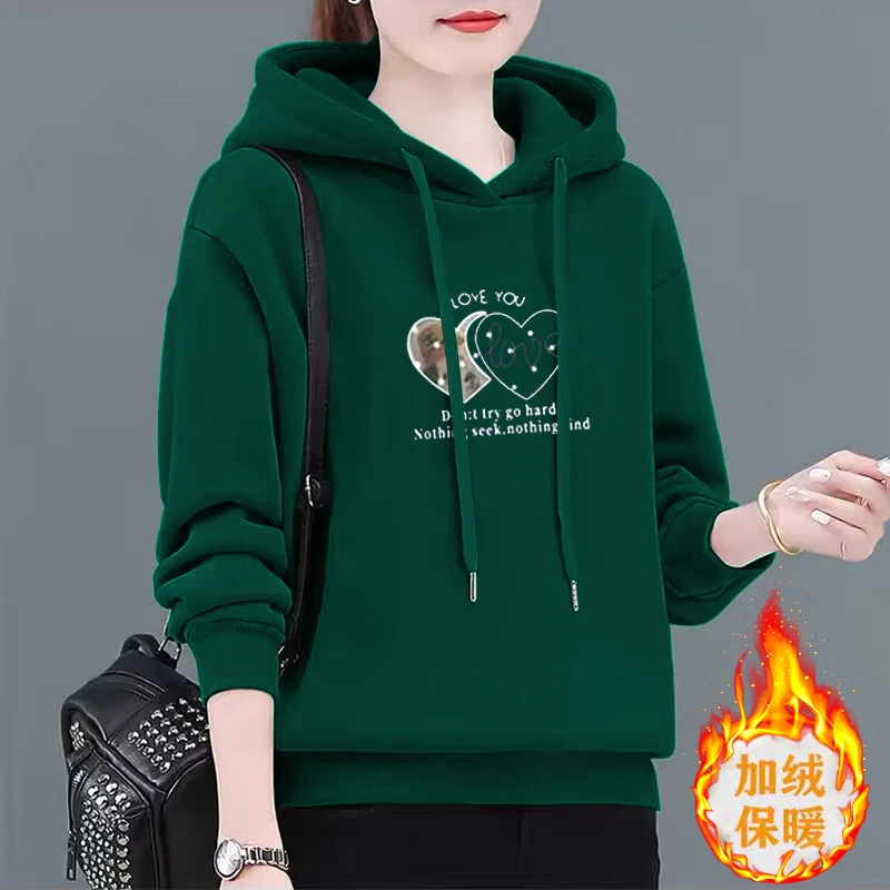 秋冬女士卫衣新款中年妈妈女装上衣加绒加厚洋气宽松连帽外套女