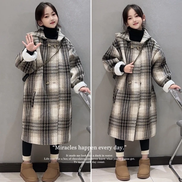 女童呢子大衣2024新款儿童长款毛呢外套女大童冬季夹棉加厚呢大衣