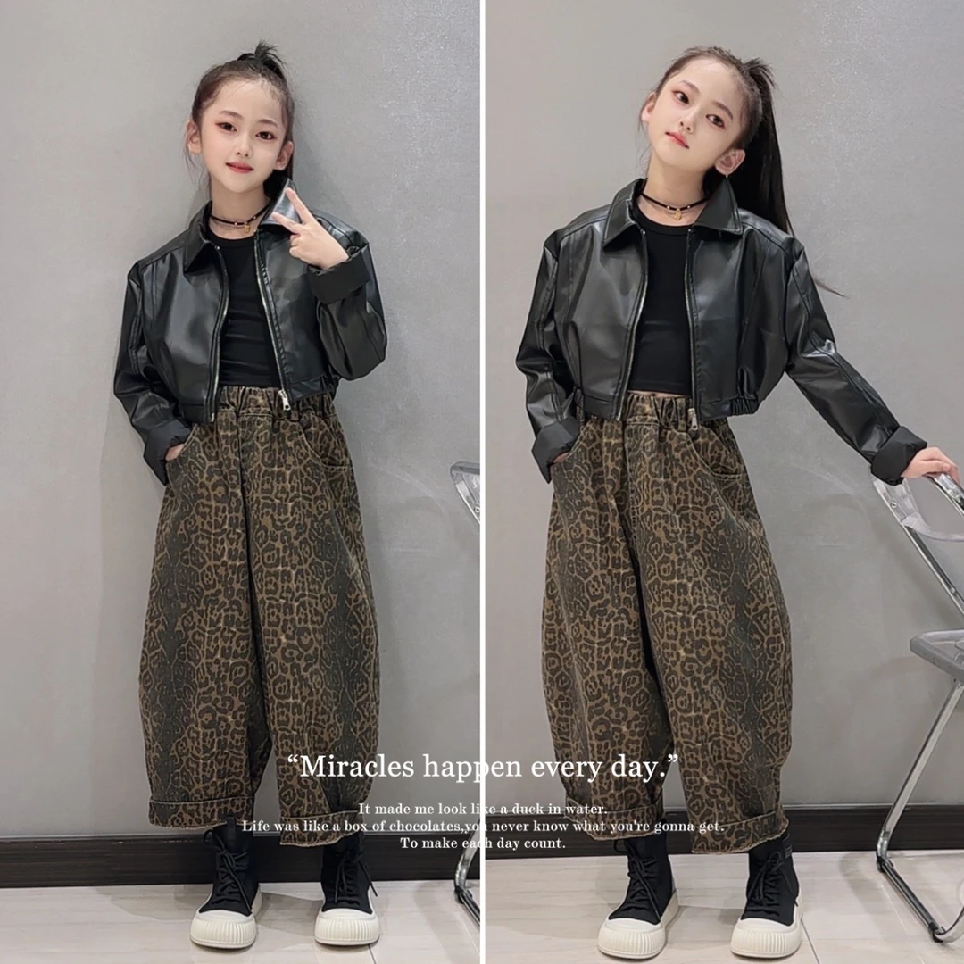 女童秋款外套2024新款韩版中大童时髦休闲拉链衫皮衣潮百搭豹纹裤