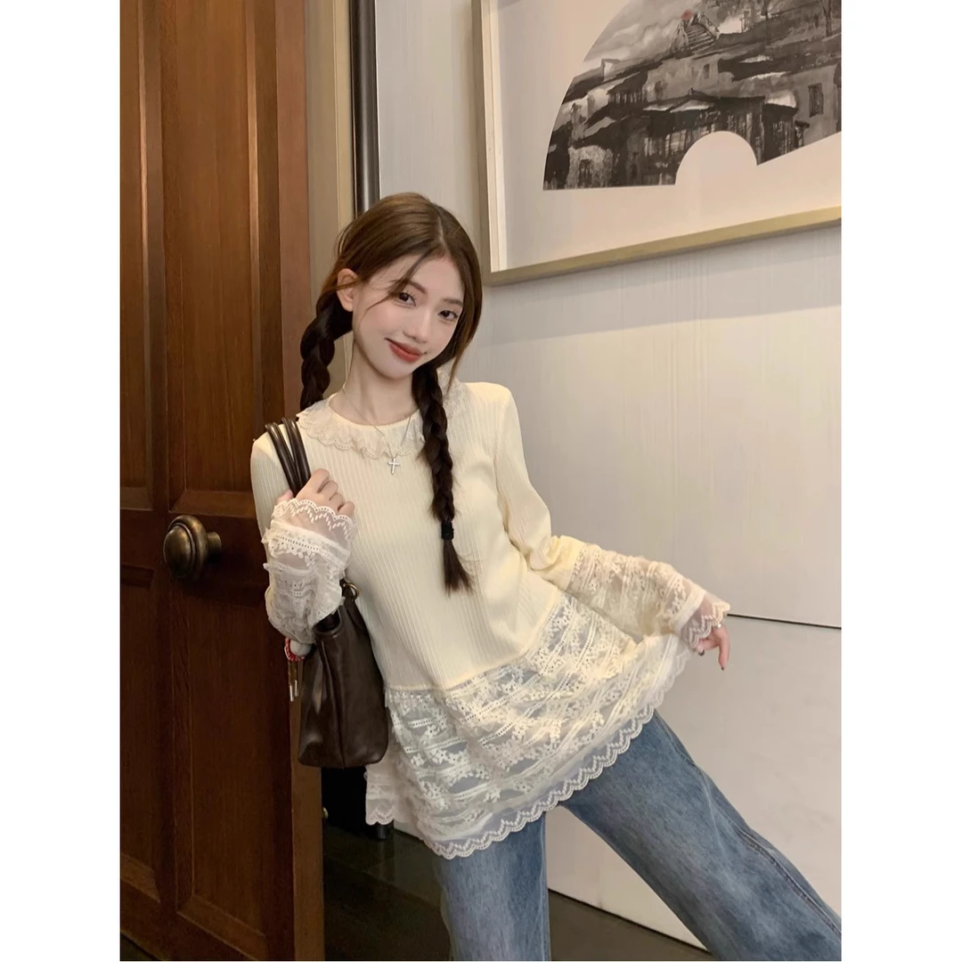 蕾丝花边拼接圆领长袖针织衫女秋季穿搭甜酷风洋气甜美少女上衣服