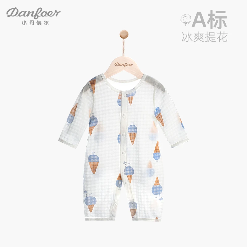 婴儿冰淇淋哈衣夏薄款新生儿连体衣莫代尔宝宝长袖空调服半背网眼