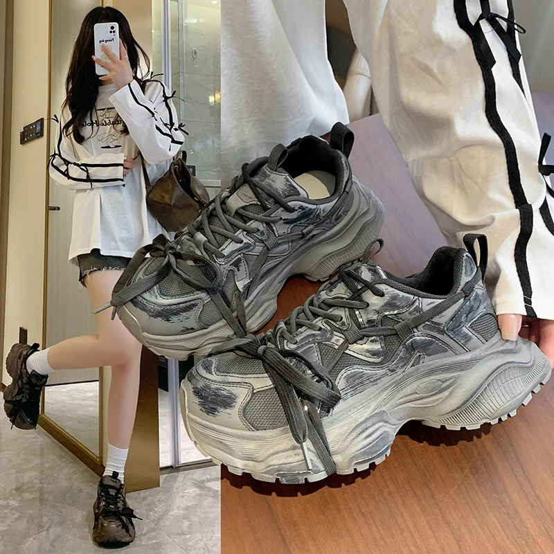 系带松糕鞋子2024秋季新款休闲增高老爹鞋女同款潮流百搭情侣款