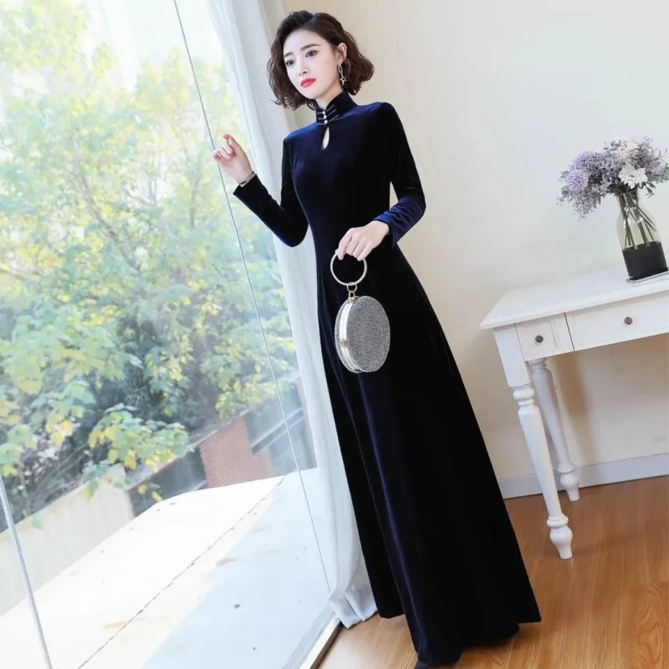 秋冬修身显瘦气质中国风旗袍长袖洋气时尚水滴领立领优雅长旗袍
