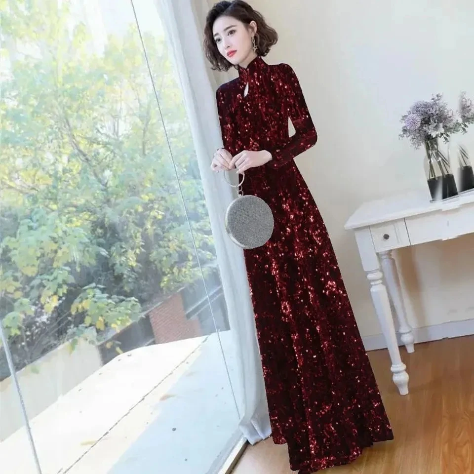 气质妈妈装旗袍连衣裙订婚婚礼冬季宴会重磅珠片喜婆婆修身旗袍裙