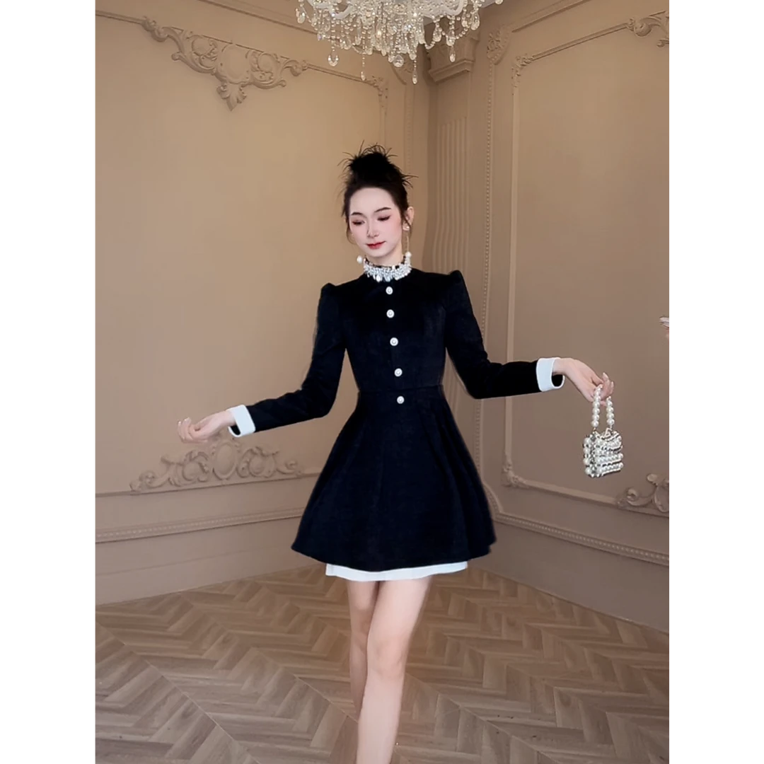 【童童定制】秋冬新款赫本风气质名媛时尚拼接收腰显瘦连衣裙9971