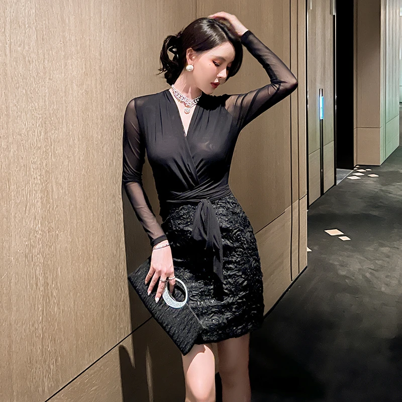 秋季新款女装性感V领网纱拼接亮片立体花朵假两件连衣裙20162