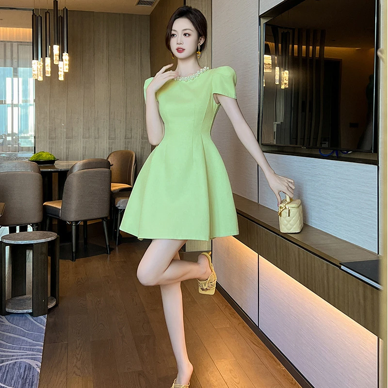新款法式珍珠圆领薄荷绿收腰显高蓬蓬连衣裙40512
