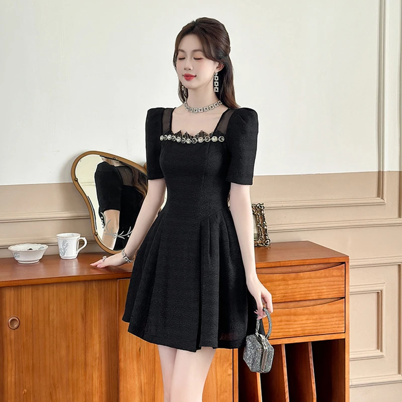 夏季新款收腰蓬蓬小黑裙连衣裙21212