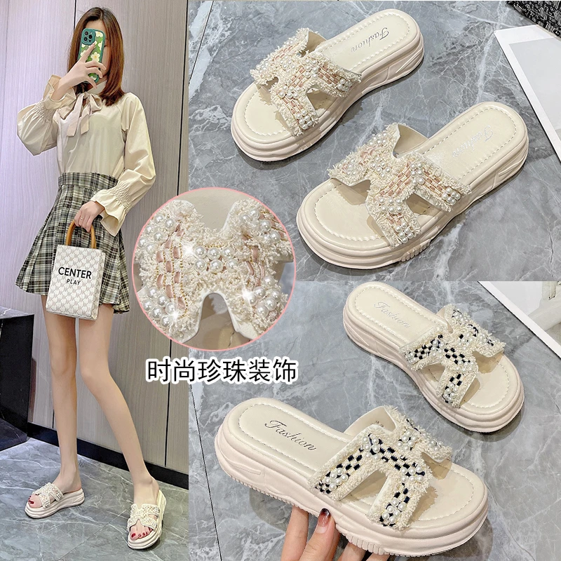 厚底拖鞋女外穿2024夏新款时尚百搭ins珍珠一字拖平底防滑凉拖鞋