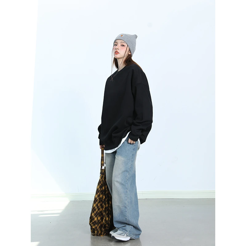 男士杏色重磅卫衣男春秋款美式潮牌圆领衣服男款外套2024新款上衣