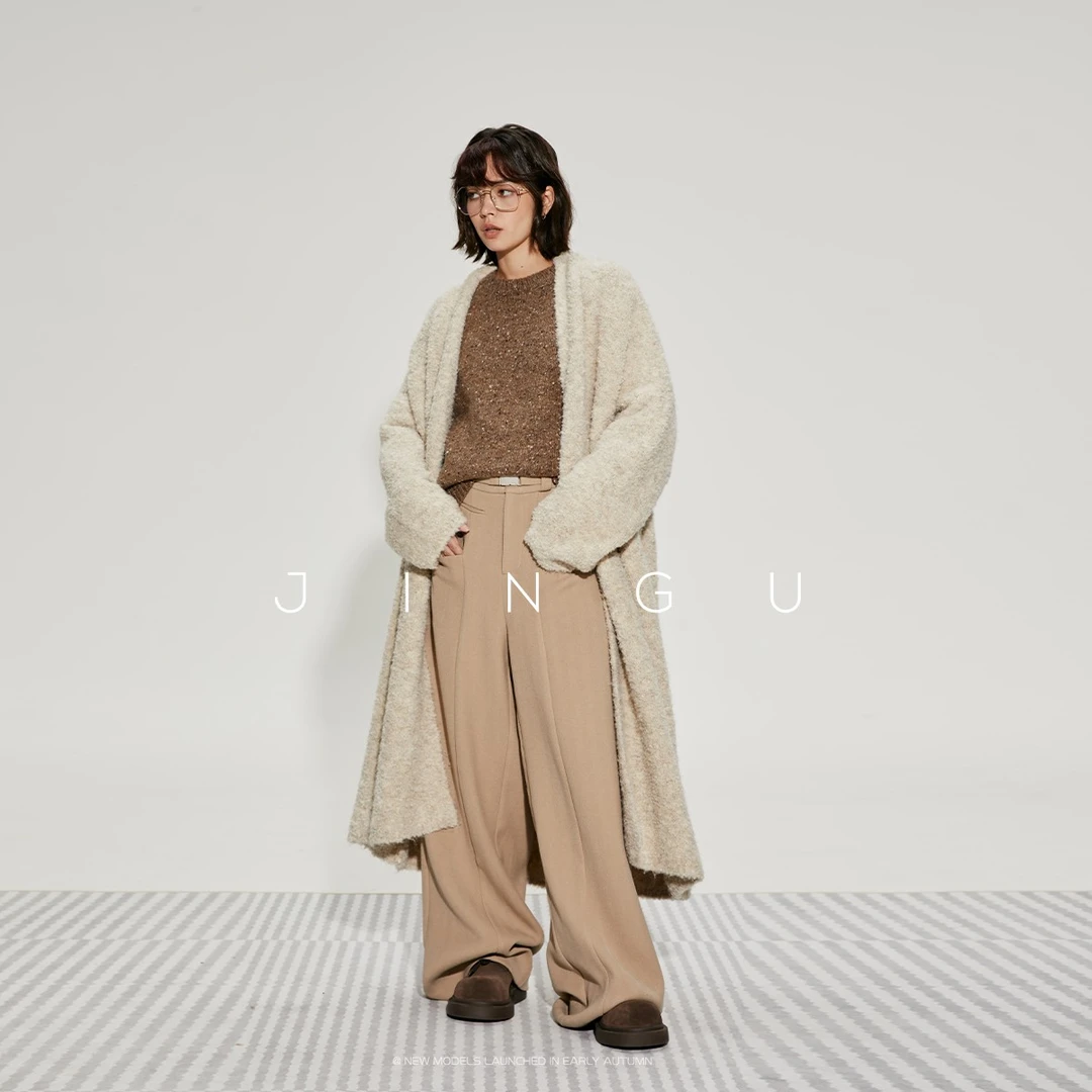 JGGU黑标女装羊毛纱纯色休闲保暖百搭时尚风衣外套宽松简约上衣