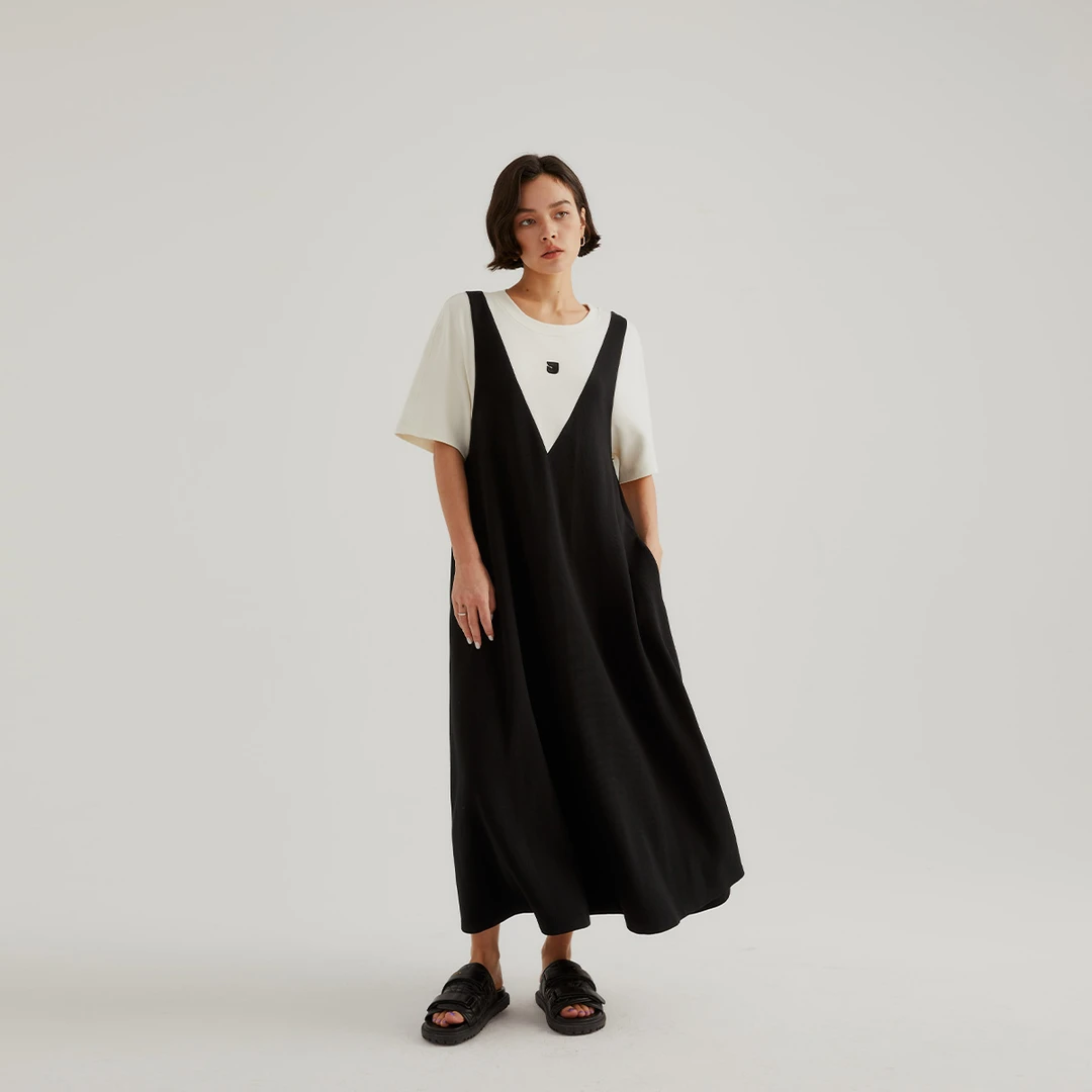 JGGU黑标假两件连衣裙女夏黑色气质法式a字长裙JGTM202303019