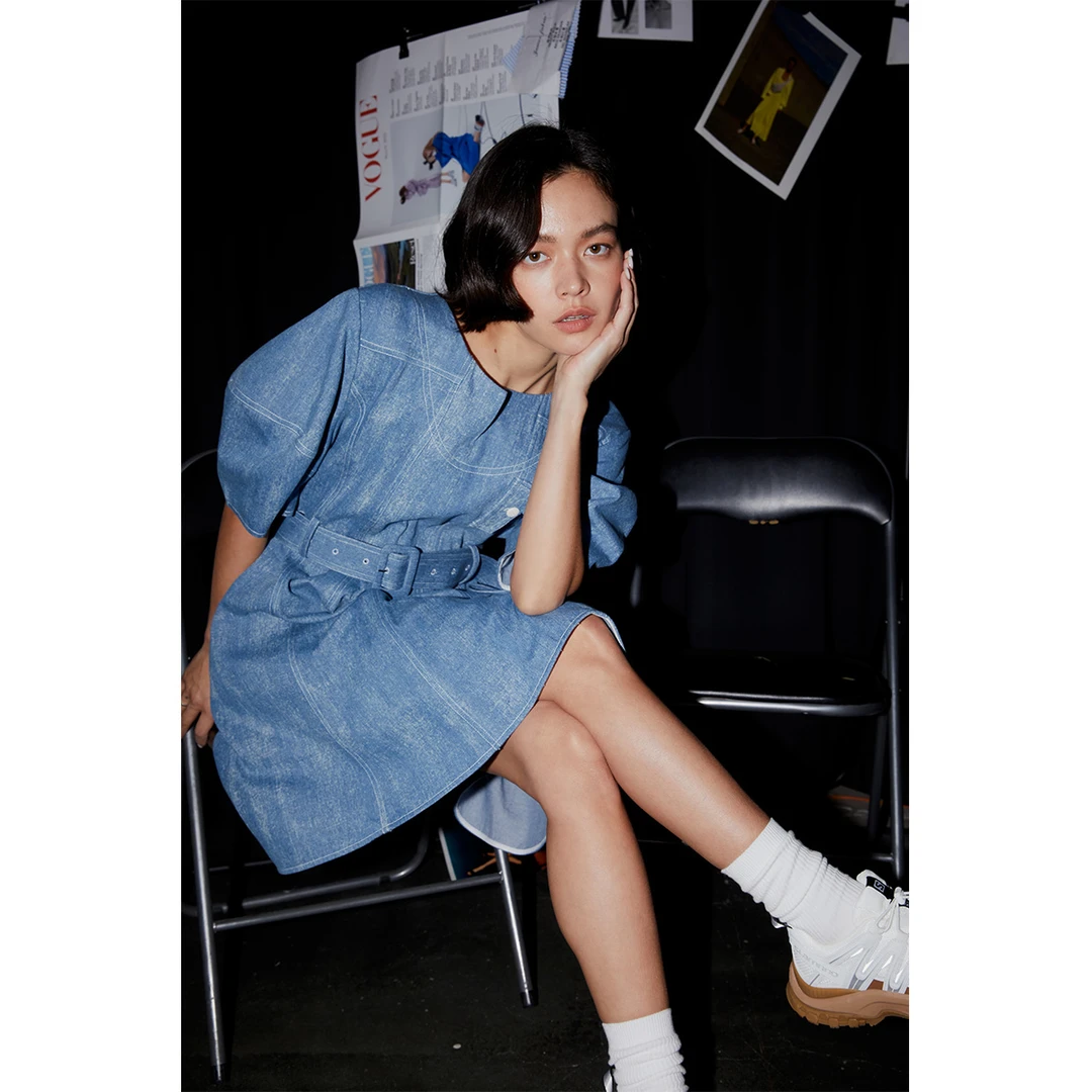 JGGU黑标牛仔连衣裙女显瘦减龄宽松百褶a字裙子JGTM202303006