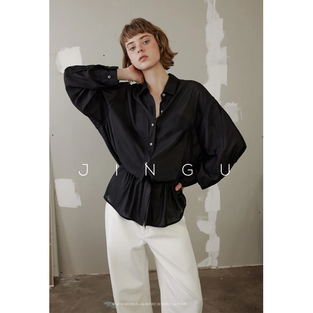 黑标光泽薄感设计感衬衫女夏季时尚宽松通勤长袖衬衫JG12240031