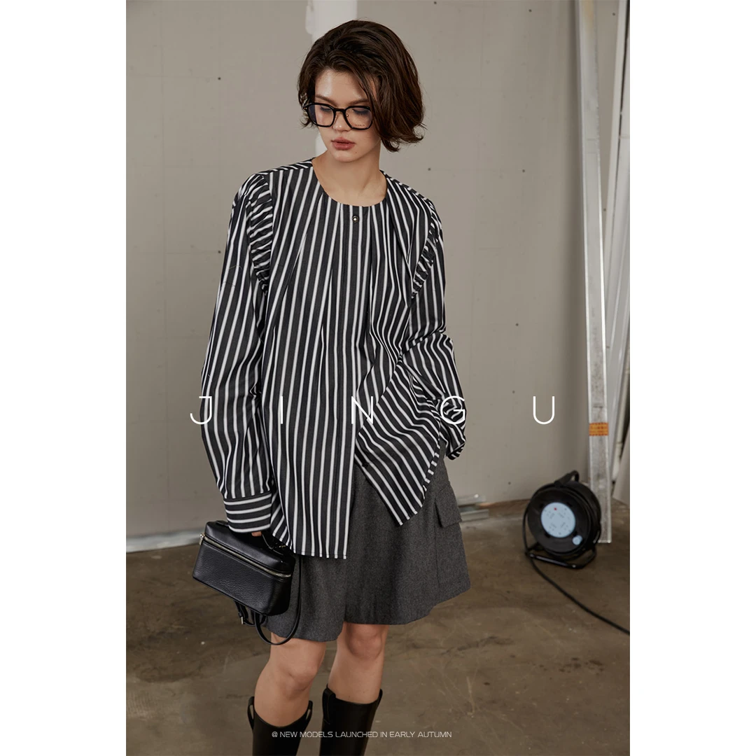 JGGU晶咕黑标 肩膀抽褶圆领衬衫宽松休闲衬衣百搭JG11230348