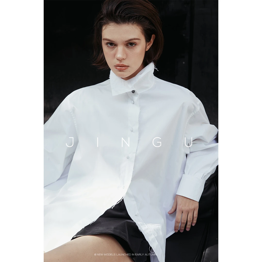 晶咕黑标~可立领毛须摆衬衫长袖休闲复古设计感上衣JG11230408