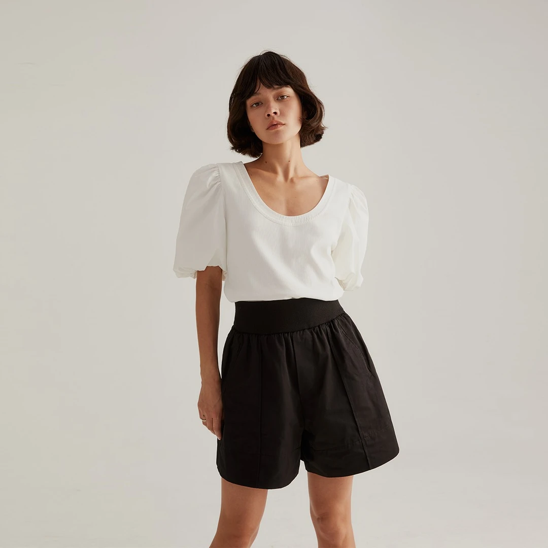 晶咕黑标高腰宽边松紧短裤女夏季高腰直筒宽松JG11230102