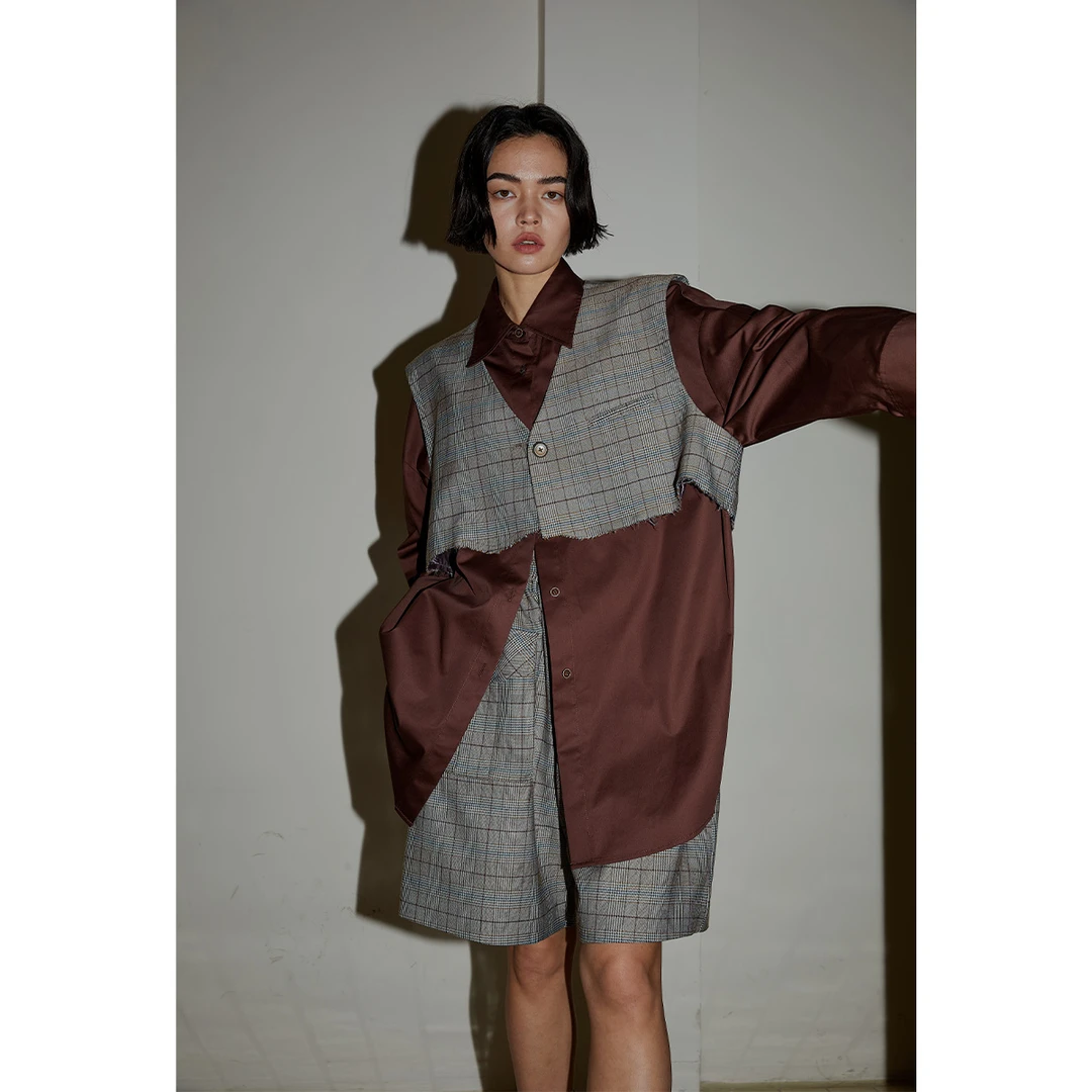 JGGU黑标格子马甲短裤套装女休闲气质两件套JGTM202302014