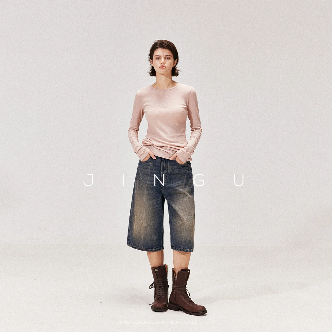 JGGU晶咕黑标100%棉+特殊织造工艺修身坑条螺纹肌理长袖打底T恤