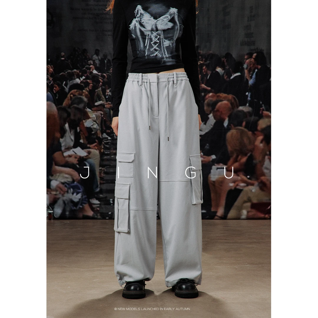 晶咕黑标工艺高密松紧腰抽绳宽松休闲直筒工装裤JG12240112