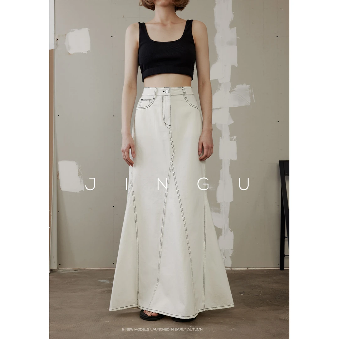 JGGU黑标撞色分割线鱼尾牛仔半裙夏季高腰显瘦长款半身裙