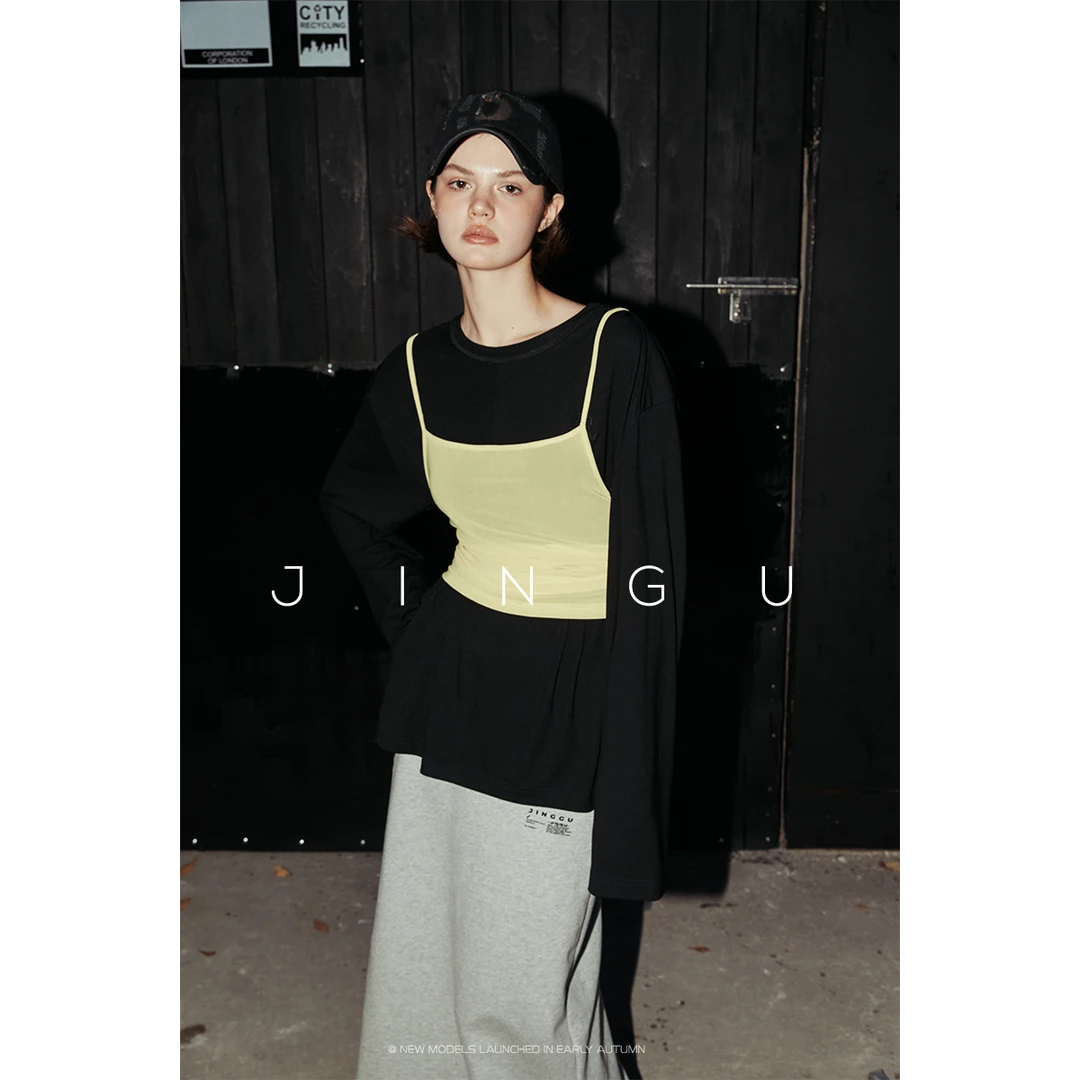 晶咕黑标网纱弹力吊带背心宽松小众设计感内搭外穿上衣JG11230388