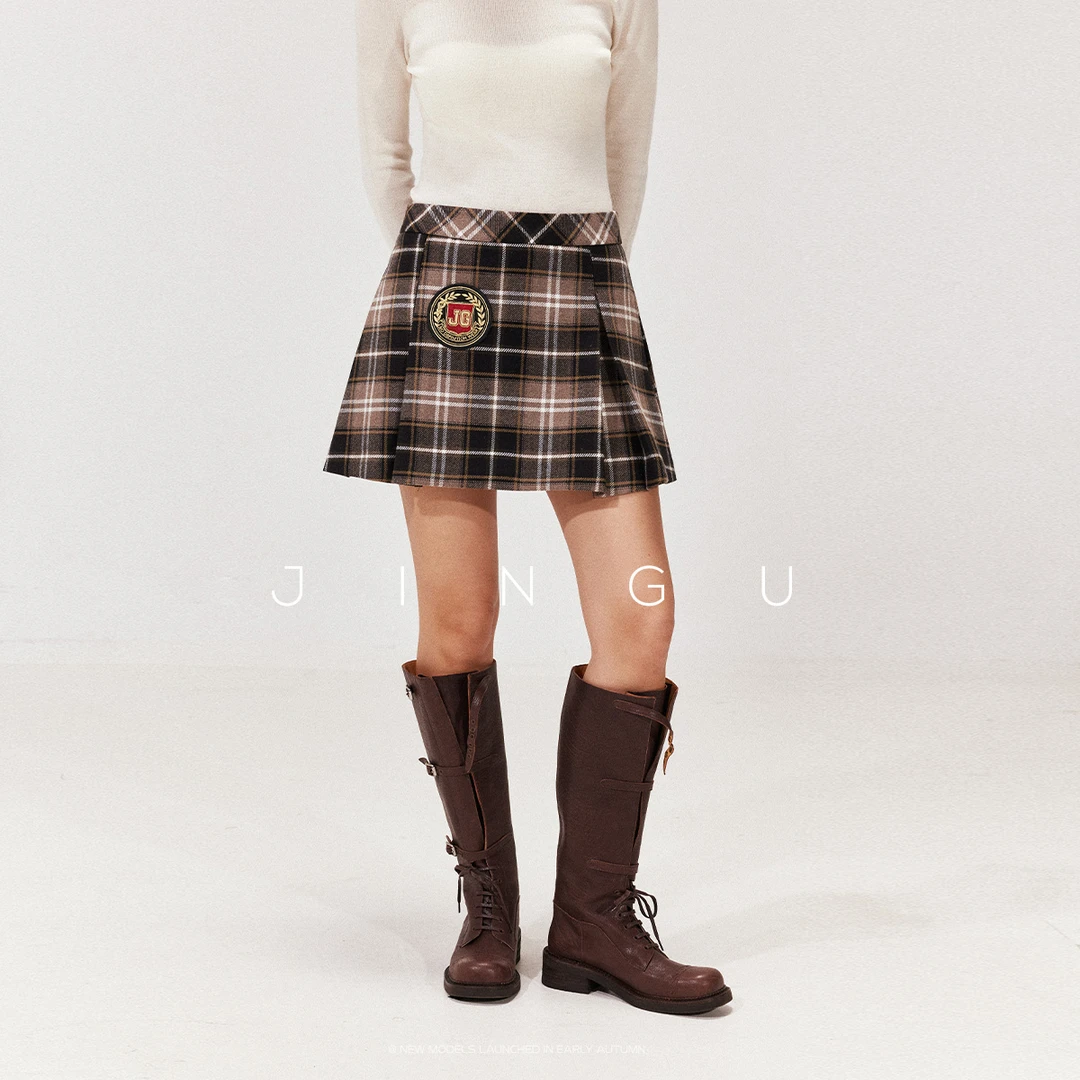JGGU黑标加厚tr色织格纹常青藤学院风刺绣徽章压褶裙裤JG11240244