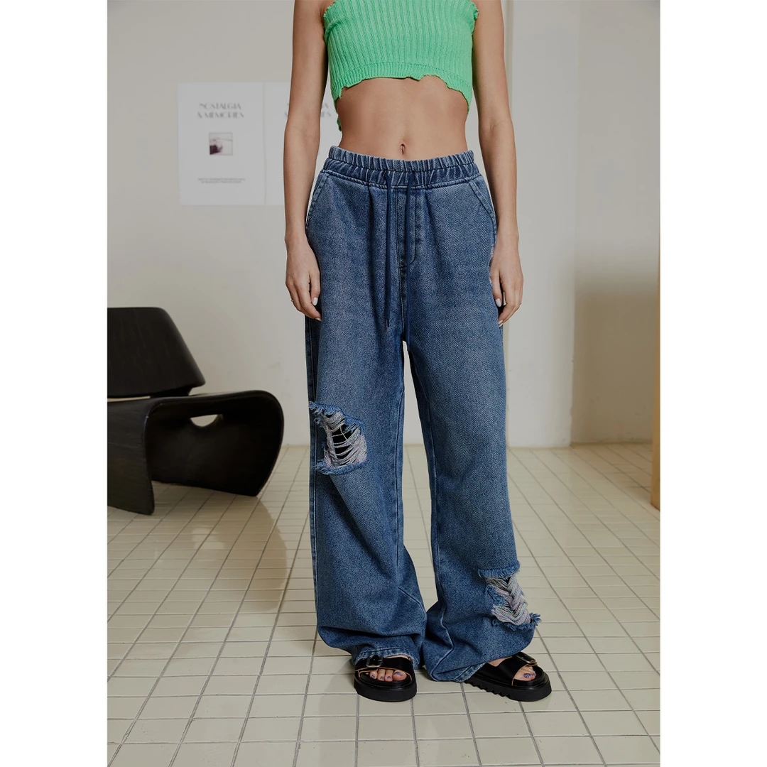 JGGU黑标复古破洞牛仔裤女春夏阔腿微喇直筒拖地裤JGTM202302057