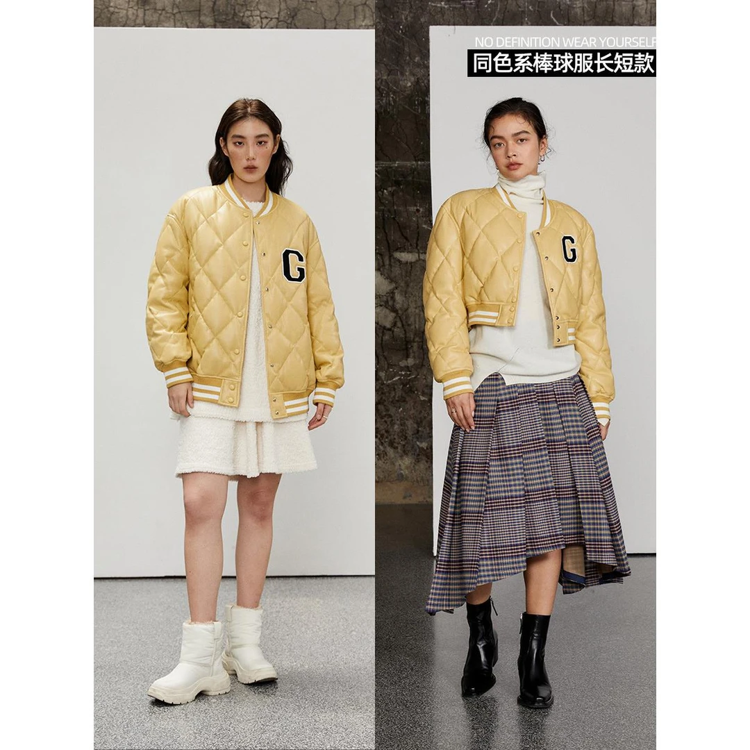 晶咕黑标 潮玩西海岸/皮质长短款羽绒服女冬季保暖棒球服外套