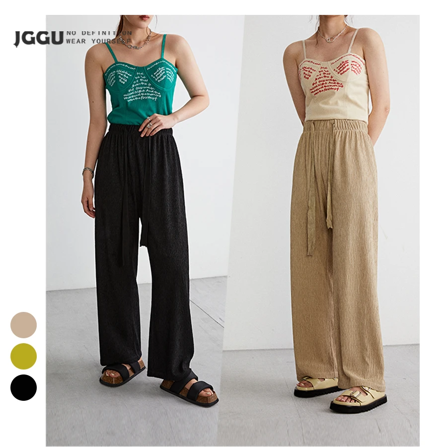 JGGU晶咕黑标休闲裤女高腰直筒拖地裤遮肉显瘦阔腿裤松紧系带裤子