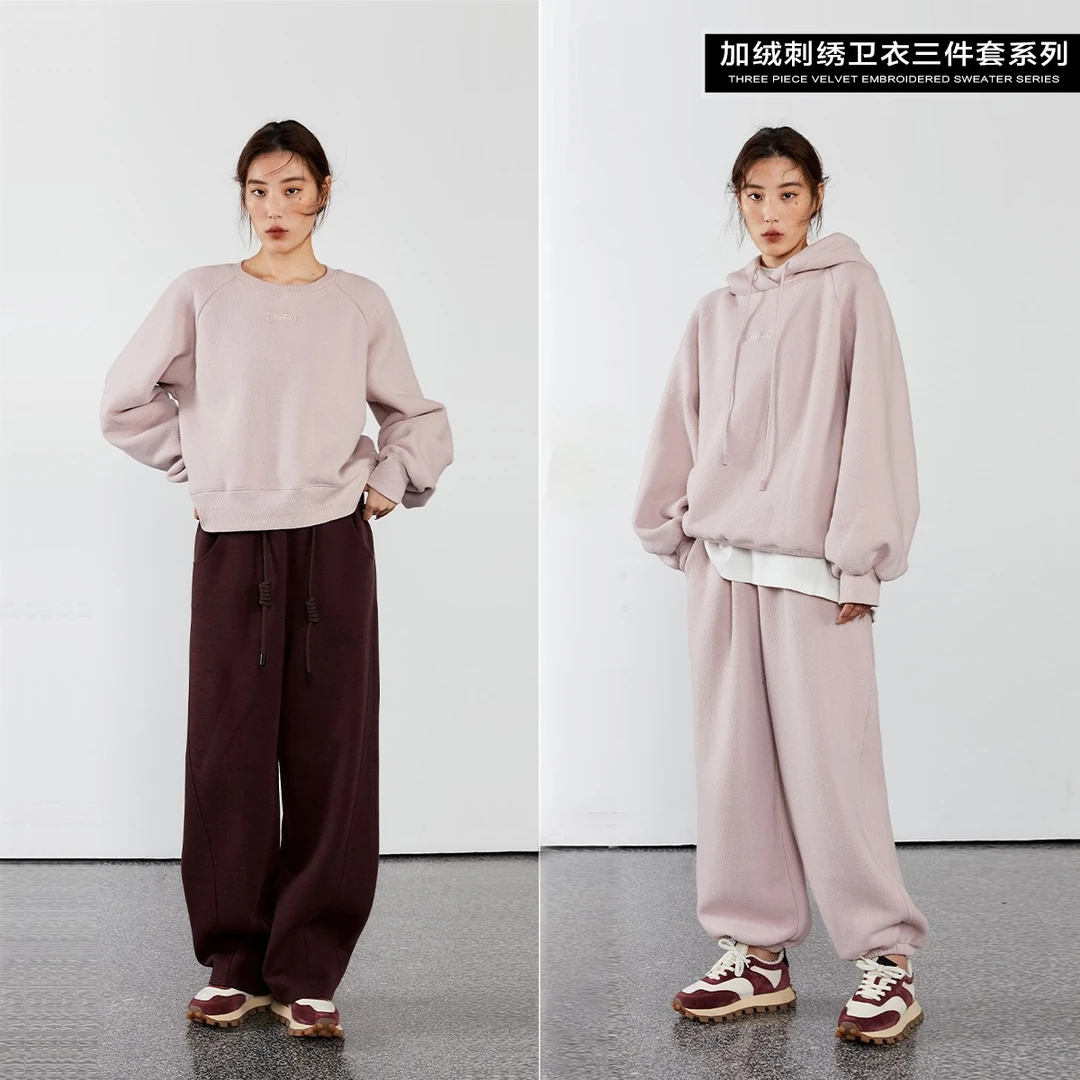 JGGU晶咕黑标舒适主义加绒刺绣卫衣套装系列女圆领套头上衣两件套