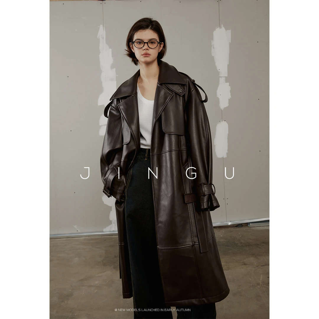 JGGU黑标重工蛋白皮风衣大衣春秋显瘦时尚黑色复古JG12230186