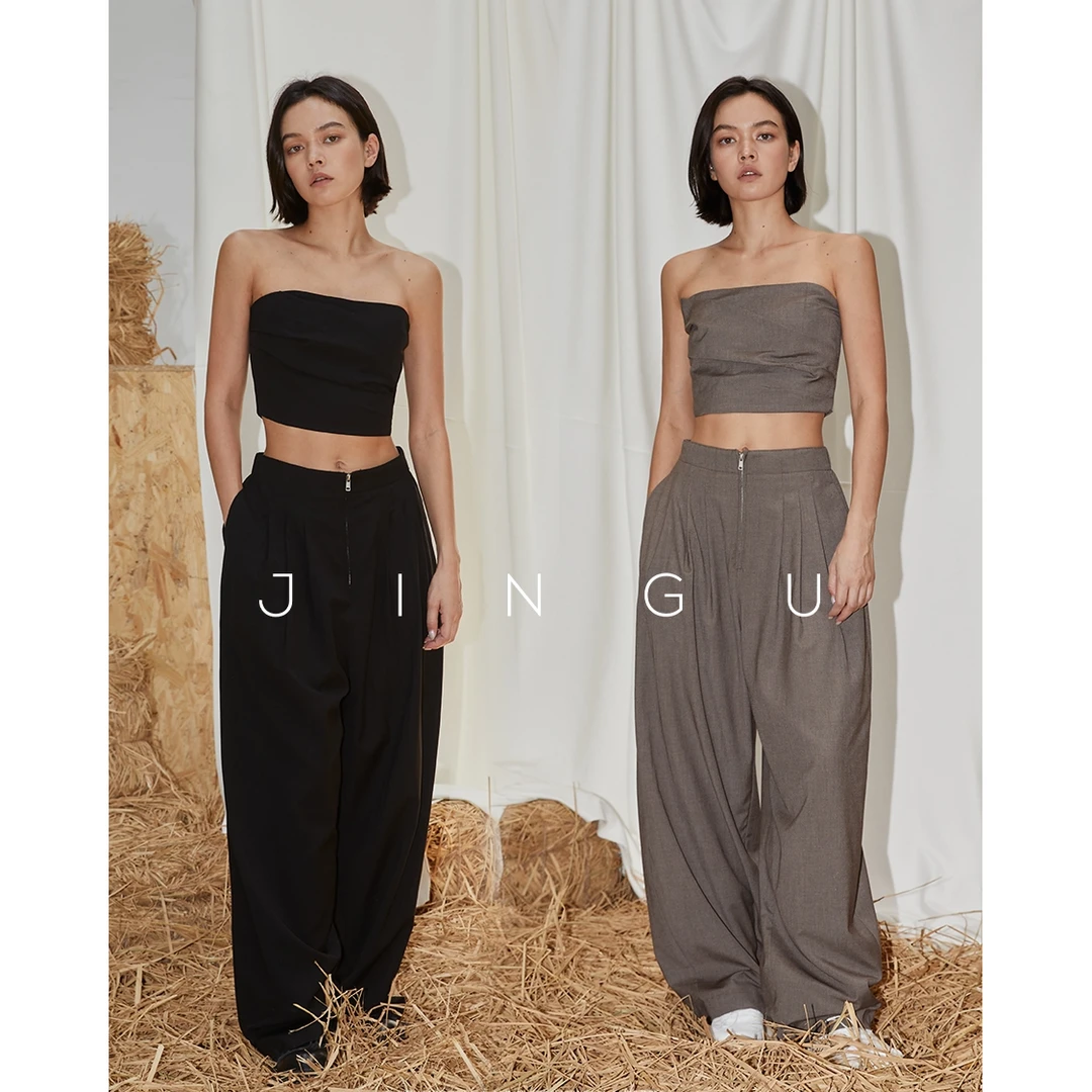 晶咕黑标绵羊毛褶皱抹胸西裤两件套早秋设计感JG11230222