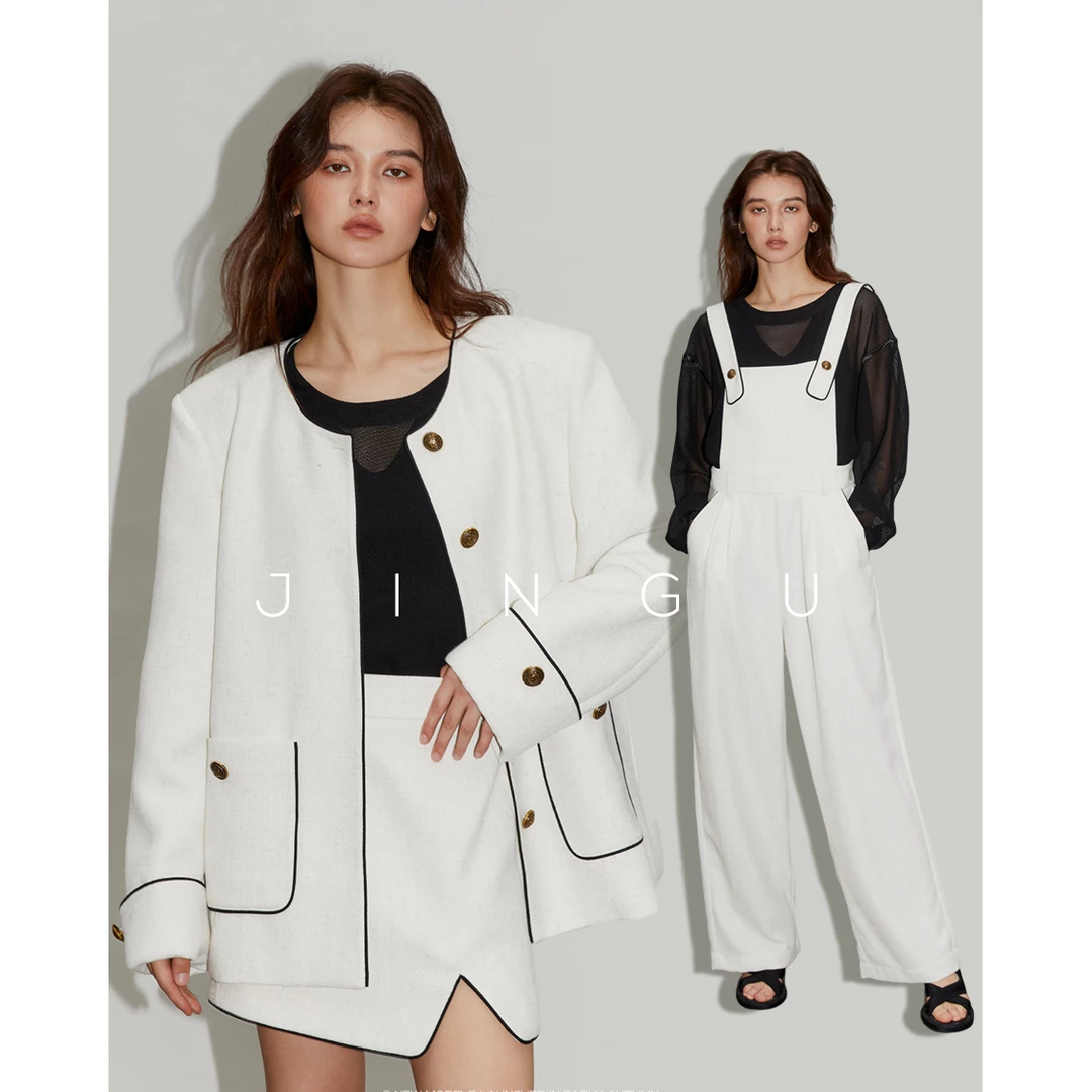 JGGU黑标麻感小香三件套系列宽松风潮休闲春秋白色时尚运动套装