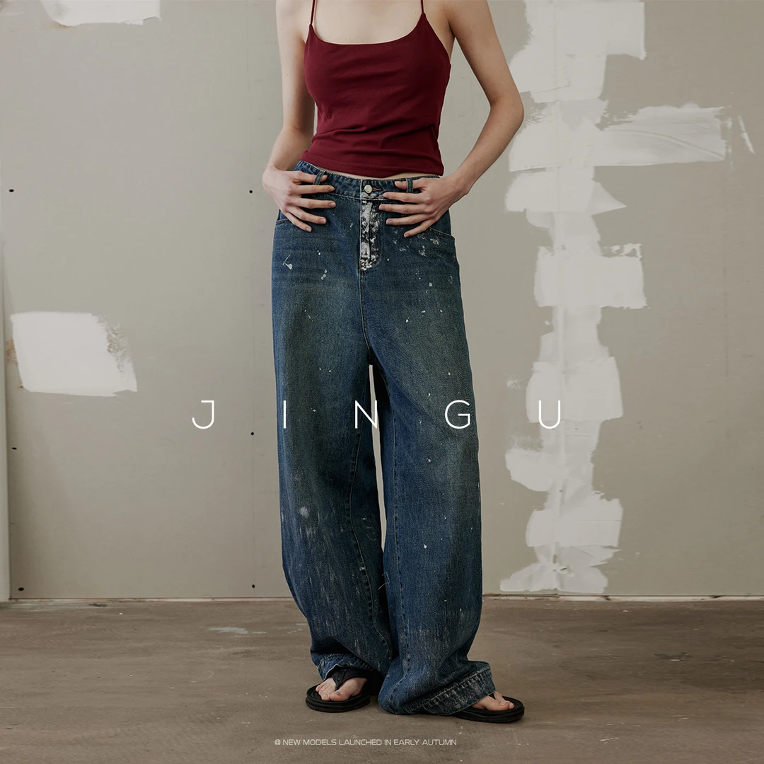 晶咕黑标复古水洗做旧喷墨感牛仔裤夏季阔腿牛仔裤JG11240060