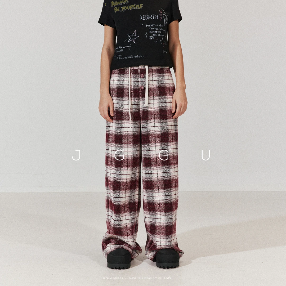 JGGU晶咕黑标经典格纹色面料慵懒感松弛直筒抽绳阔腿裤JG11240324