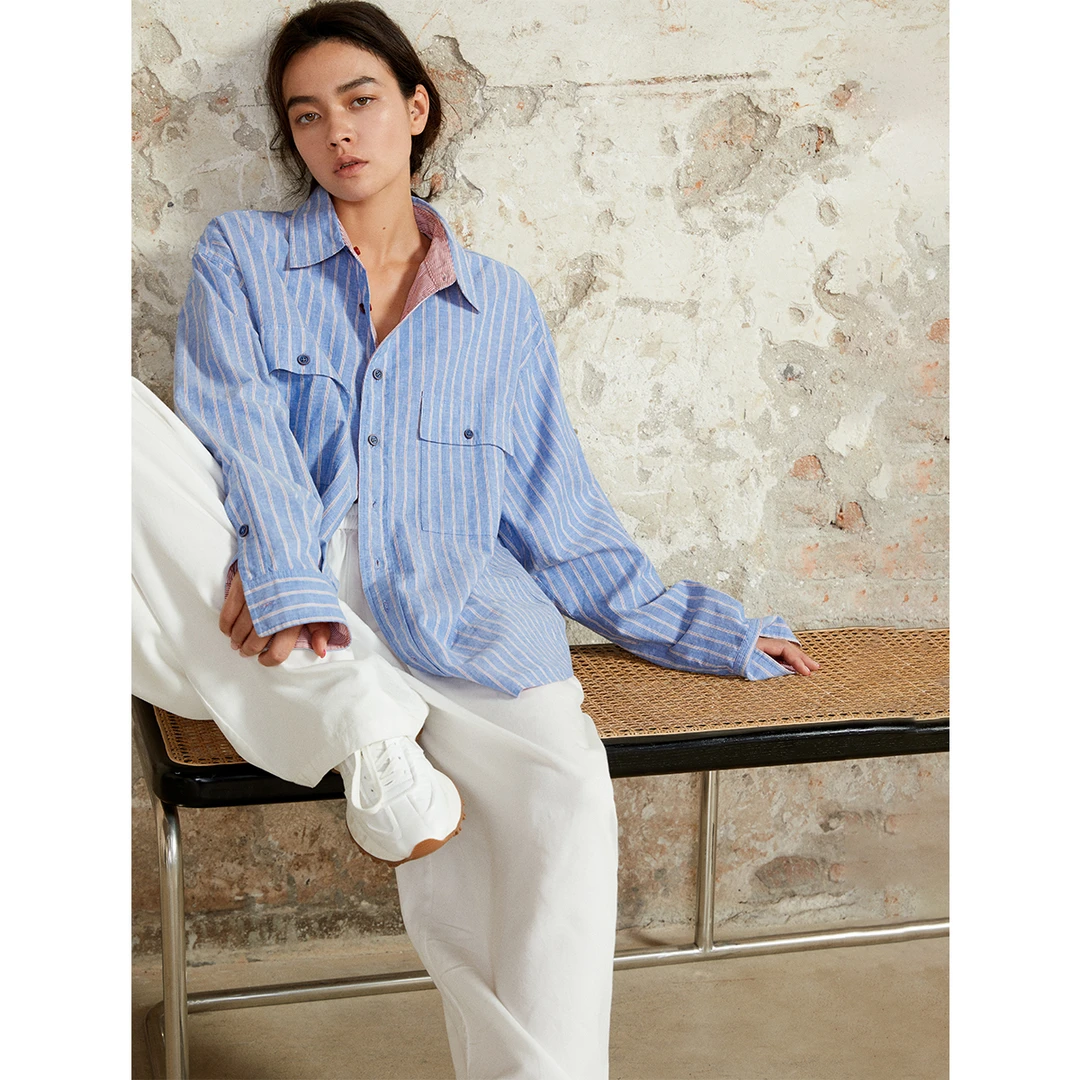 晶咕黑标JGGU早秋条纹格子衬衫宽松外搭长袖上衣百搭设计小众外套