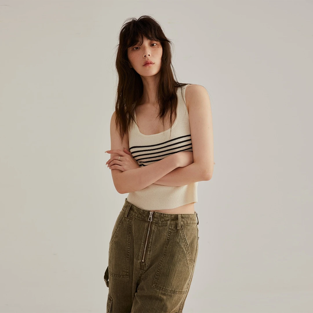 晶咕黑标仿亚麻撞色条纹背心女夏季JG11230177