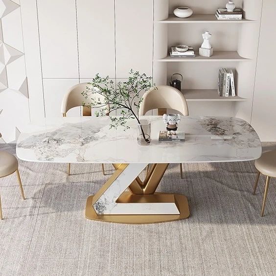 意式岩板餐桌现代简约不锈钢轻奢高端长方形家用小户型餐桌椅组合