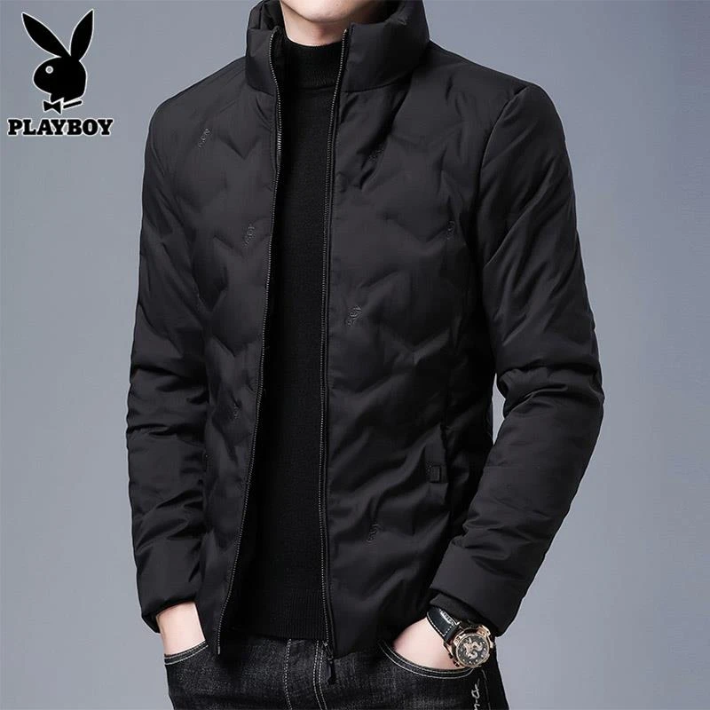 花花公子轻薄羽绒服男士冬季短款防寒外套新款黑色加厚保暖上衣男