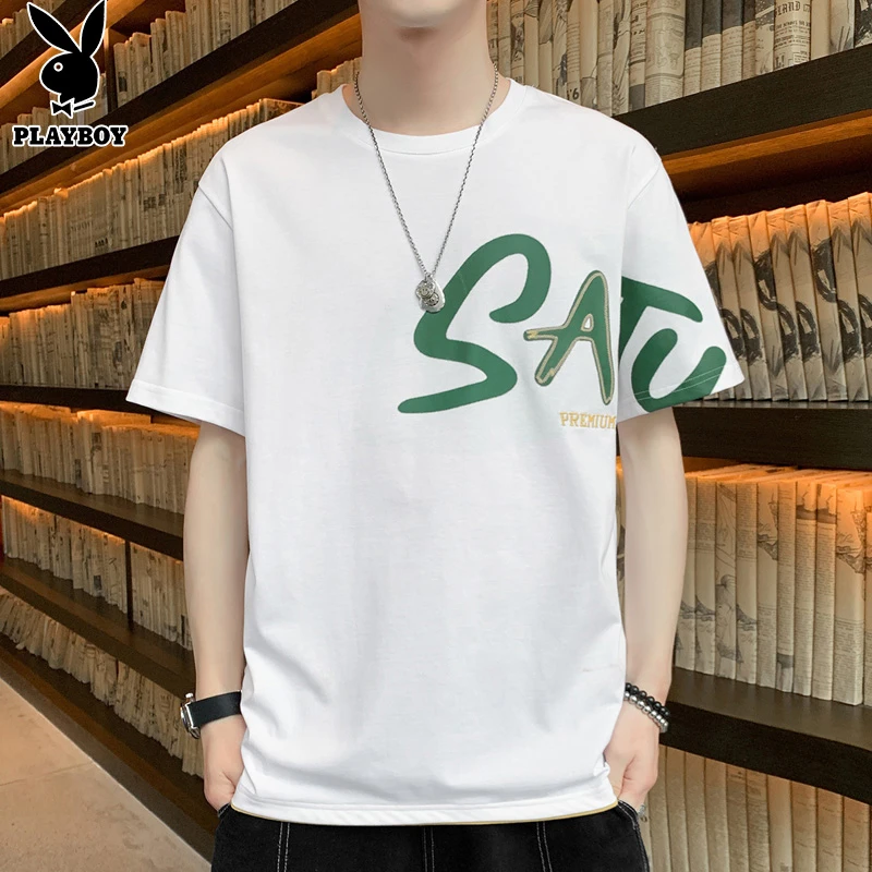 花花公子短袖t恤男士夏季新字母宽松潮流体恤韩版白色半袖上衣服