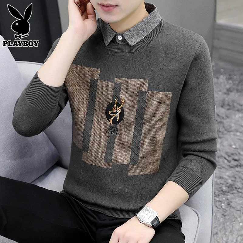 花花公子假两件毛衣男士针织衫2025春秋潮新款保暖宽松休闲线衣男