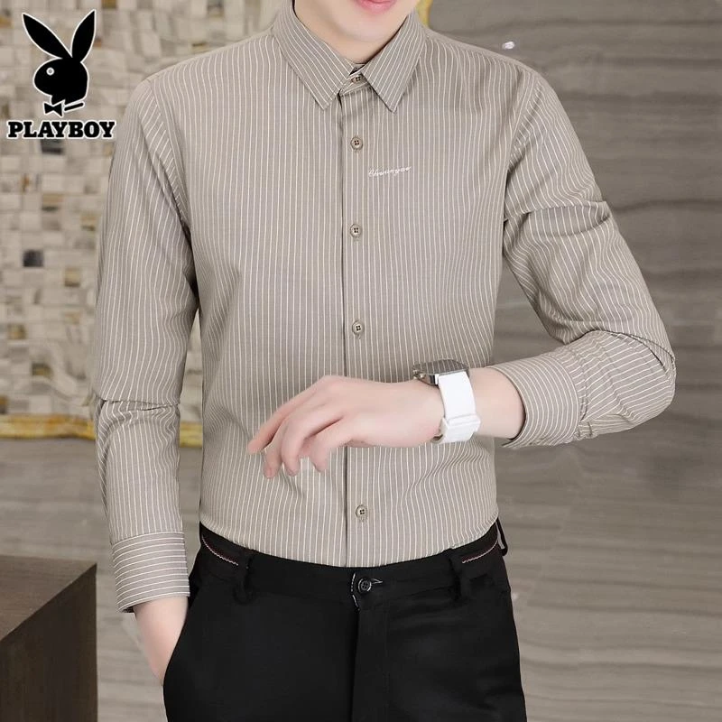 花花公子卡其衬衫男士条纹寸衣服秋季新款潮牌商务休闲长袖衬衣男