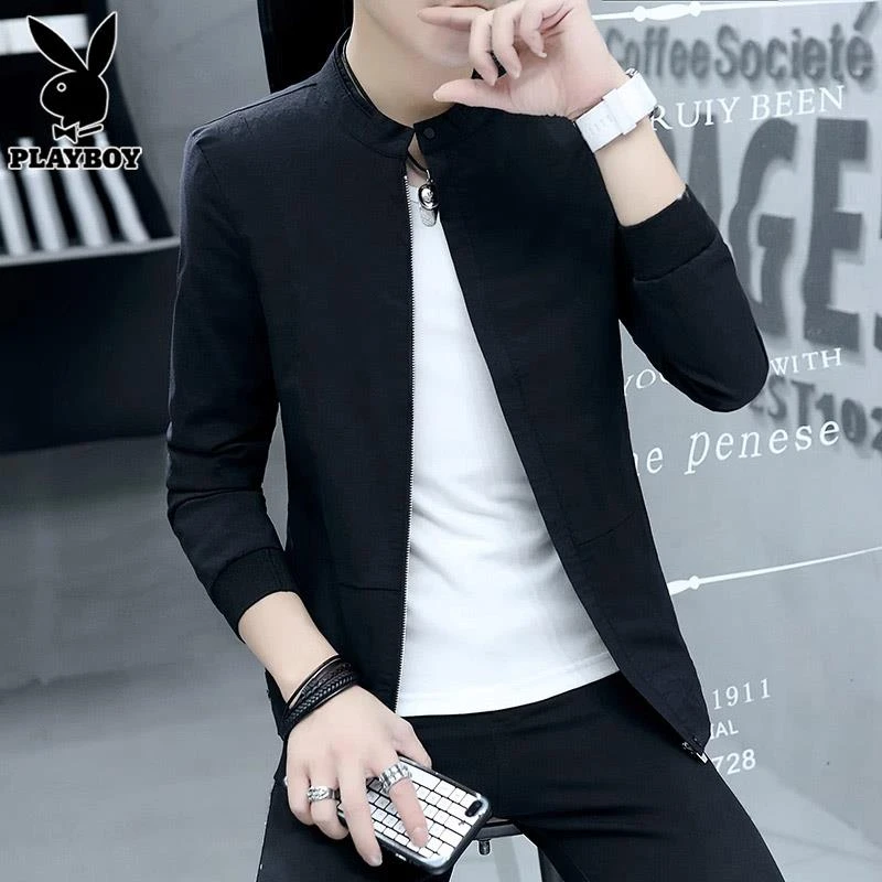 花花公子立领夹克男士黑色上衣服冬季新款潮牌帅气宽松休闲外套男