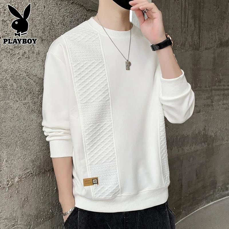 花花公子白色长袖t恤男士圆领打底上衣秋季新款潮休闲大码卫衣男
